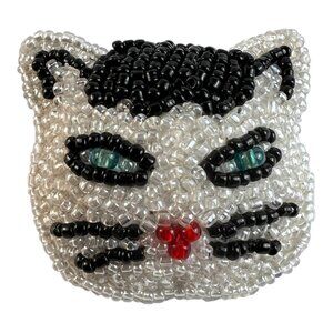 Vintage Handmade Black White Seed Bead Cat Face Pin Brooch